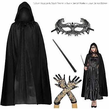 120 cm Kapüşonlu Siyah Pelerin + Asa + Dantel Maske + Uzun Dantel Siyah Eldiven Kostüm Seti