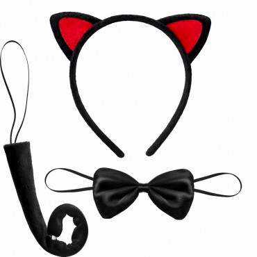 Kırmızı Kulaklı Kedi Kostüm Seti – Taç, Papyon, Kuyruk 