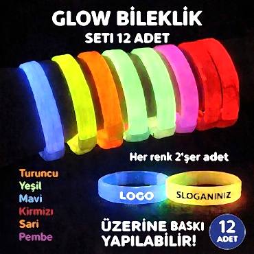 Glow Kalın Bileklik 12’li Set | Baskıya Uygun Renkli Model