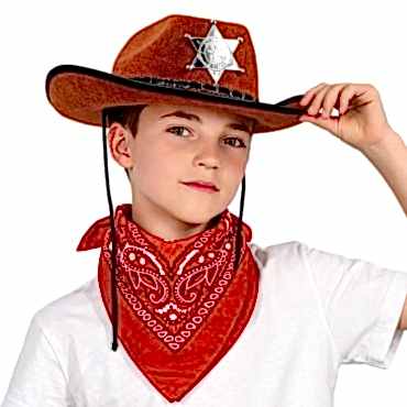 Çocuk Kovboy Şapka Rozetli Kahverengi ve Kırmızı Bandana Seti
