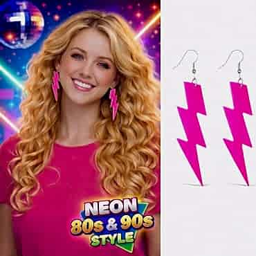80’ler 90'lar Retro Neon Pembe Şimşek Küpe 10 cm
