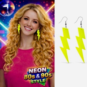 80’ler 90'lar Retro Neon Sarı Şimşek Küpe 10 cm