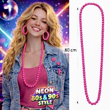 Neon Pembe Boncuk Kolye 80 cm – Retro 80’ler 90’lar Parti Aksesuarı