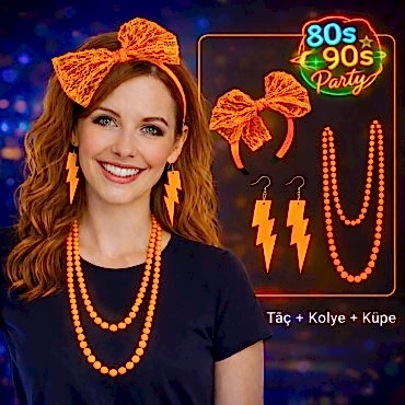 80’ler 90’lar Neon Turuncu Parti Seti – Kolye Küpe Taç