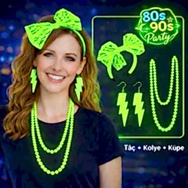 80’ler 90’lar Neon Yeşil Parti Seti – Kolye Küpe Taç