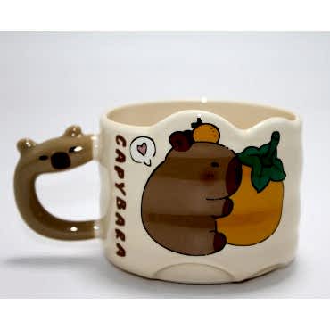 Capybara Figürlü Yayvan Formlu Porselen Kupa Bardak