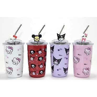 Sanrio Hello Kitty Ve Kuromi Figürlü Isı Muhafazalı Metal Pipetli Çelik Kupa 