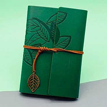 Yeşil Yaprak Desenli Deri Defter 