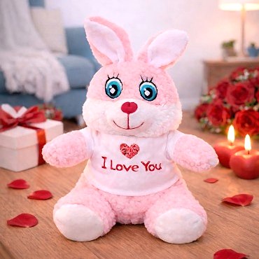 I Love You Tişörtlü Sevimli Pembe Peluş Tavşan