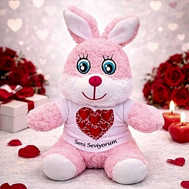 Seni Seviyorum Tişörtlü Pembe Peluş Tavşan