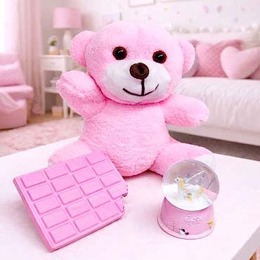 Pembe Peluş Ayıcık, Kar Küresi Ve Pembe Çikolata Not Defteri Hediye Seti