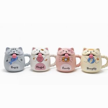 Özel Tasarım 3D Kedi Figürlü Kapaklı Kaşıklı Kupa Bardak 