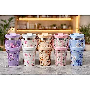 Çiçek Desenli 700 ml Taşıma Kulplu Paslanmaz Çelik Termos Mug Bardak