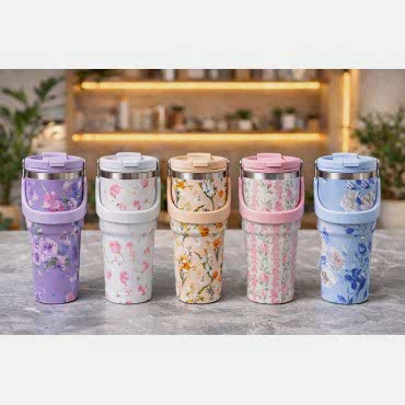 Çiçek Desenli 900 ml Taşıma Kulplu Paslanmaz Çelik Termos Mug Bardak