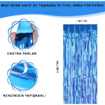 Ekstra Metalize Mavi Renk Saçaklı Arka Fon Perde 1x2 metre