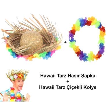 Hawaii Tarzı Set - Tropikal Çiçekli Hasır Şapka ve Çiçekli Hawaii Kolye