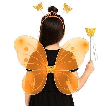 Turuncu Kelebek Kız Seti – 50 cm Kelebek Kanadı, Taç ve Asa