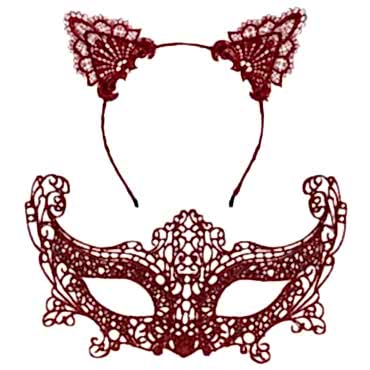 Romantik Kırmızı Dantel Maske Seti – Kedi Kulaklı Taç ve Maske No 3 