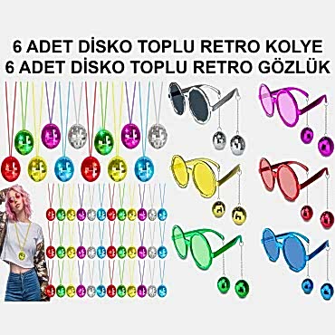 12 Parça Renkli Disko Toplu Retro Parti Seti – 6 Kolye + 6 Gözlük