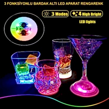Renkli LED Işıklı Bardak Altlığı - 12 Adet, Pilli