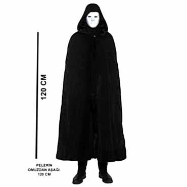 Siyah Kapüşonlu 120 cm Pelerin ve Beyaz Boyanabilir Tam Yüz Maske