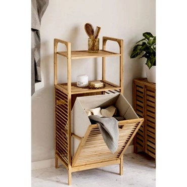 2 Organizer Raflı Ahşap Bambu Çek-Aç Kirli Sepeti