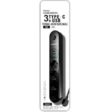 Termal Akım Korumalı 4 Prizli USB Girişli Uzatma Kablosu 