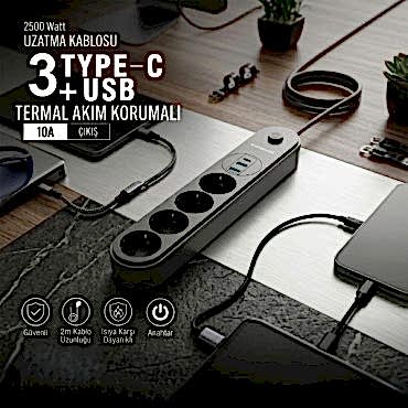 Termal Akım Korumalı 4 Prizli USB Girişli Uzatma Kablosu 