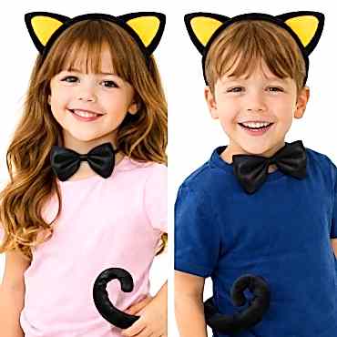 Sarı Kulaklı Kedi Kostüm Seti – Taç, Papyon, Kuyruk